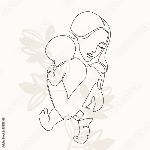 Woman holding baby minimal one line art. Mother and child.