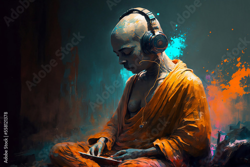 Shaven headed monk wearing orange robes sat listening to a tablet with large headphones. Generative AI, this image is not based on any original image, character or person.