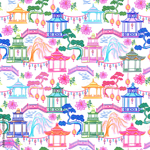Colorful pagodas and trees. Seamless vector pattern with sketch hand drawn illustrations with chinoiserie theme 