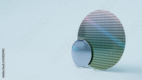 Set of Silicon Wafers of Different Sizes, 300mm and 100mm, on White Background with Empty Space for Text