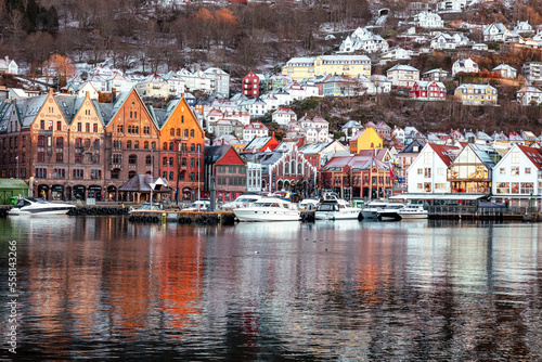 Famous Bryggen street with historical wooden colored houses. Hanseatic wharf in Bergen, Norway. UNESCO World Heritage Site.