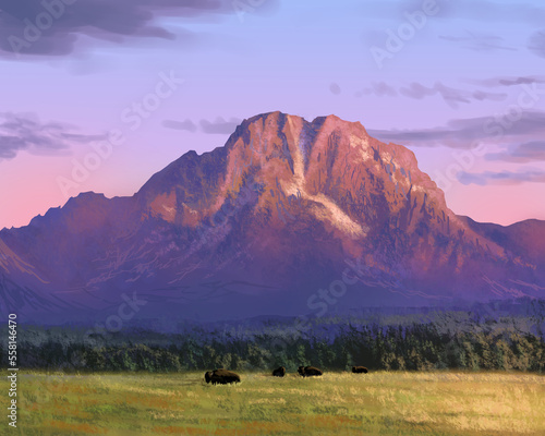 Mount moran grand teton national park illustration at dawn