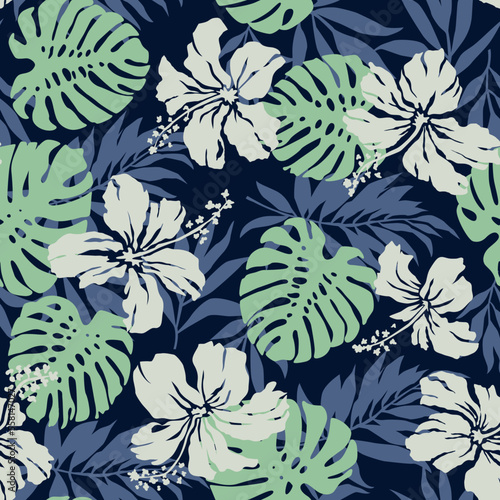 hibiscus flowers tropical palm monstera leaves wallpaper Hawaiian style vector floral seamless pattern