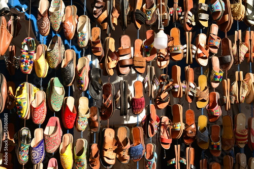 Essaouira,Morocco,Africa, shoes and slippers on sale in the Souk of the Medina.