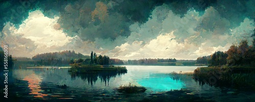 Lake landscape with vegetation on the banks and sky full of clouds. Generative AI