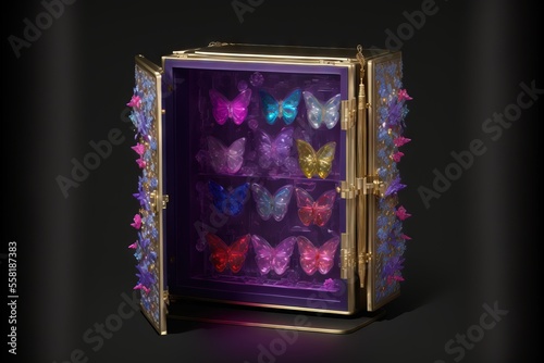  a display case filled with lots of colorful butterfly wings in a dark room with a black background and a purple light behind the case and a black background with a gol Generative AI