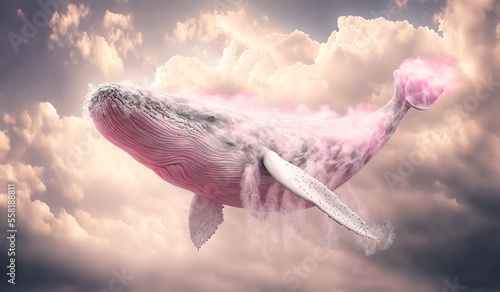 A pastel colorful illustrated whale fish sailing through the sky, through soft, white, thick clouds. Abstract elegant, pink, water animal. Generative AI.