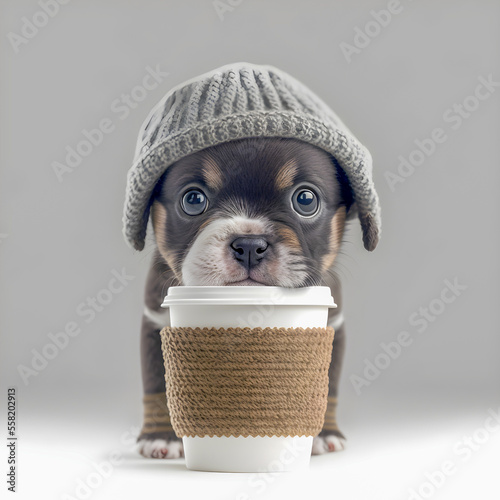 Cute puppy dog wearing a knit wool beanie, holding cup of coffee illustartion Generative AI 