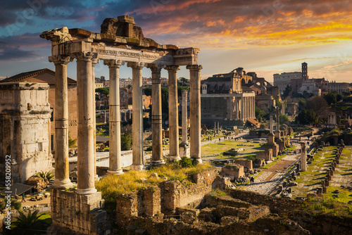 Beautiful scenery of the Roman Forum at sunset, Rome. Italy
