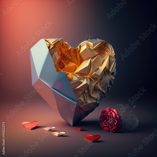 3D Golden heart. Generative ai