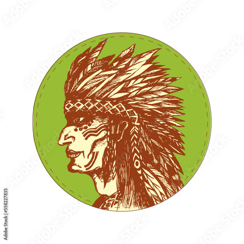 Portrait of an indian warrior. Sketch. The round image. Vector illustration
