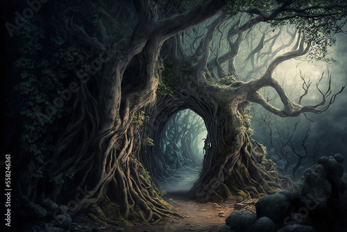 Fantasy forest old gnarled trees and path scene AI Generative 