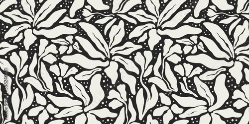 Abstract black and white flower art seamless pattern. Trendy contemporary floral nature shape background illustration. Natural organic plant leaves artwork wallpaper print. Vintage spring texture.