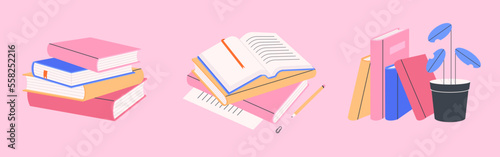 Pile of books for reading. Stack of various textbooks in hardcover, open notebook on a pink background. World book day. Literature, education concept. Isolated flat vector illustration