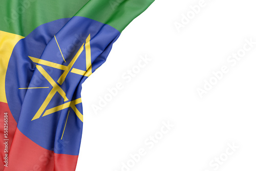 Flag of Ethiopia in the corner on white background. Isolated