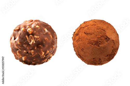 Pair of chocolate ball candy and chocolate truffle isolated on white background.