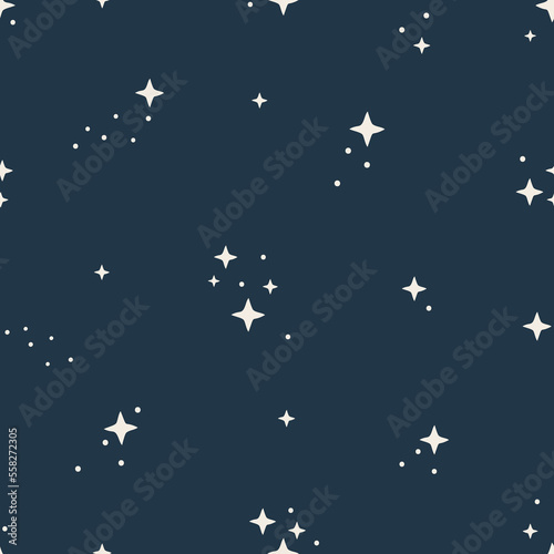 Seamless pattern with stars. Space cosmos night sky textured vector background. Vector illustration, design for kids nursery, paper goods, background, wallpaper, fabric and more