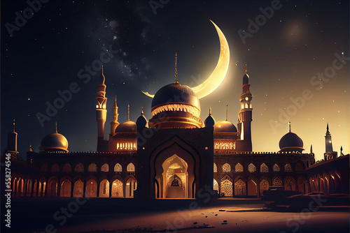 Ramadan Kareem background, Crescent moon with mosque, Islamic Eid Mubarak for Muslim Holidays, Eid-Ul-Adha festival celebration, Generative AI.