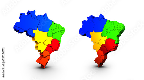 Three-dimensional 3d map of Brazil with regions borders.