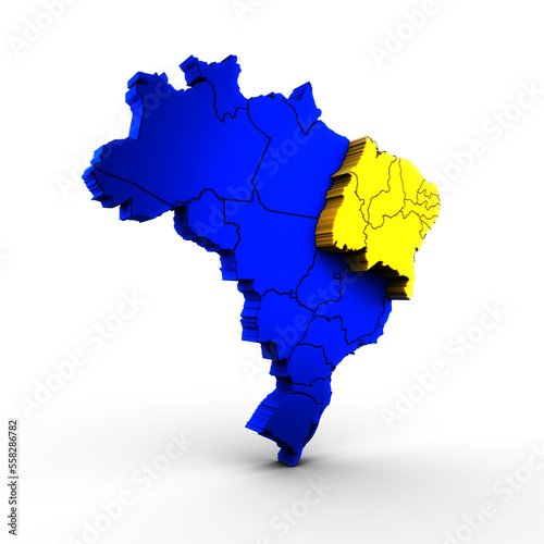 Flat Blue Three-dimensional 3d map of Brazil with Region. North East. Regiao Nordeste 