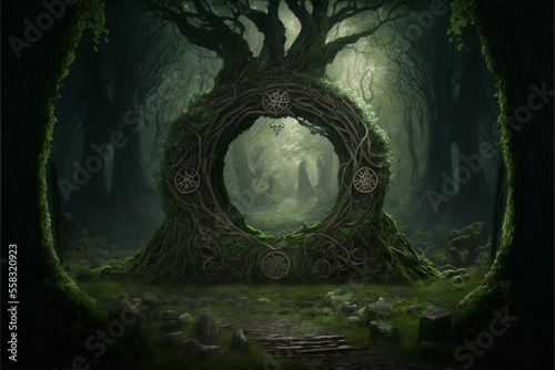 Ancient forest of druids, AI generation