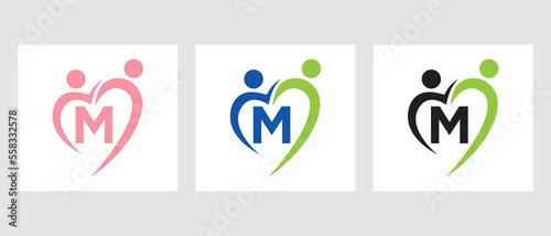 Letter M Community Logo Template. Teamwork, Heart, People, Family Care, Love Logo. Charity Donation Foundation Sign