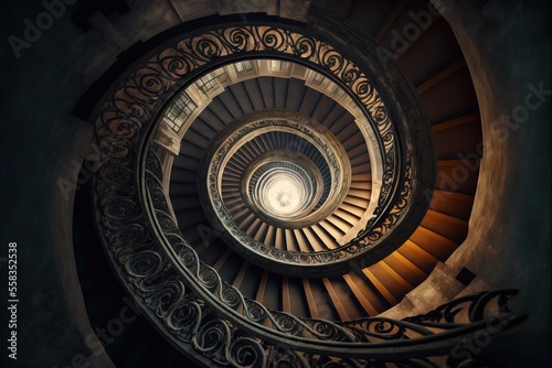 a spiral staircase in a building with a light at the end of it's spiral staircase, looking down at the floor and the top of the spiral stairs, with a light at the end of the.