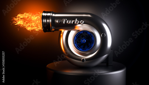 Turbocharger with a fire on dark background with blue spin 3D rendering