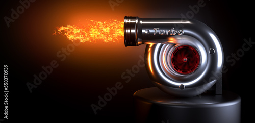 Turbocharger with a fire on dark background with red spin 3D rendering 