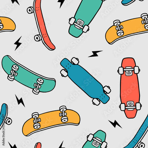 Hand-drawn skateboarding seamless pattern. Skate background texture. Skateboarding doodle illustration. Vector seamless repeat pattern.