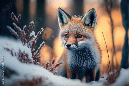Red Fox - vulpes vulpes, close-up portrait with bokeh in the background. Digital art 