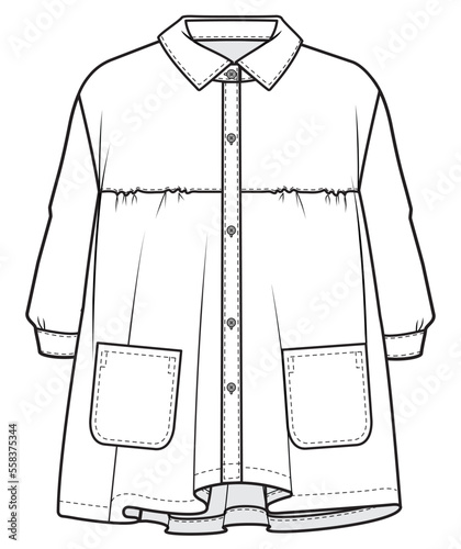 toddler girls button front long sleeve maxi smock dress flat sketch vector technical cad drawing template