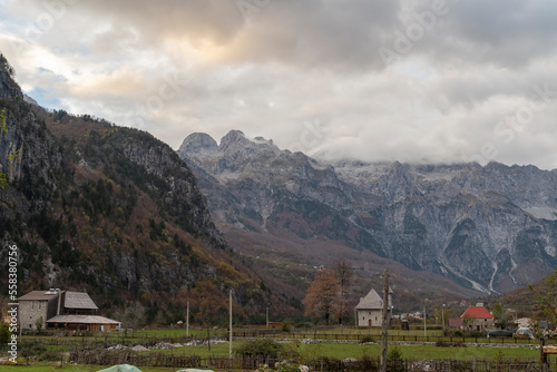 different angles of Theth National Park Albania, beautiful albanian alps mountains and small town of christian people and their chapel in there