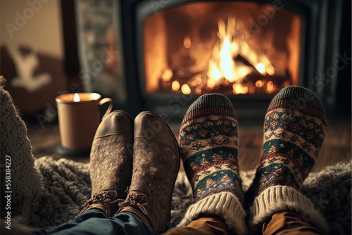 illustration of feet wearing traditional pattern sock with fireplace as background, couple family
