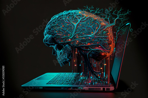 Digital brain neural network with skull projecting from a computer laptop showing the threat of artificial intelligence and machine learning, computer Generative AI stock illustration image