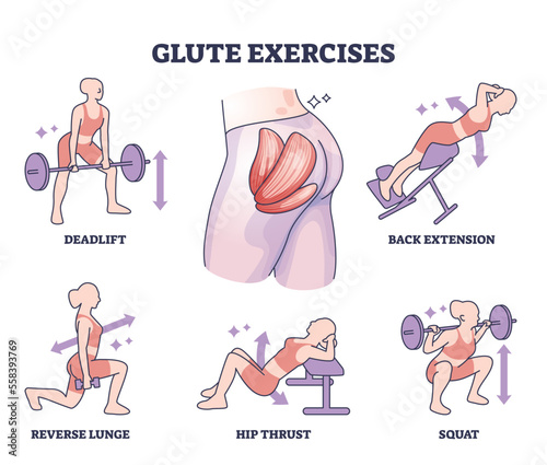 Glute exercises with body buttocks sport training examples outline diagram. Labeled educational butt fitness with deadlift, back extension, squat, hip thrust and lunge workout vector illustration.