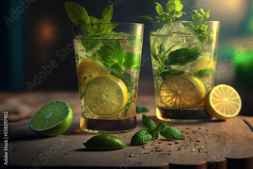 Fresh mojito mint cocktails with lime and brown sugar. Two glasses of mojito cocktail with fresh mint and lime juice. Fresh alcoholic rum mojitos on wooden table with green lime slices,generative ai