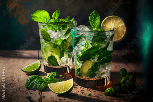 Fresh mojito mint cocktails with lime and brown sugar. Two glasses of mojito cocktail with fresh mint and lime juice. Fresh alcoholic rum mojitos on wooden table with green lime slices,generative ai