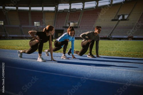 Sportspeople stretching together at the stadium