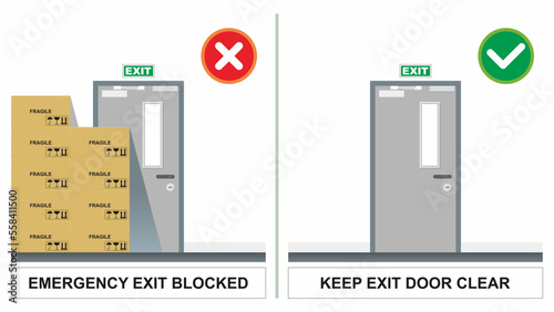 Safety do's and dont's. Wrong and correct condition. Do not put the material in front of emergency exit door. Flat vector illustration template. Industrial, factory, or manufacture.