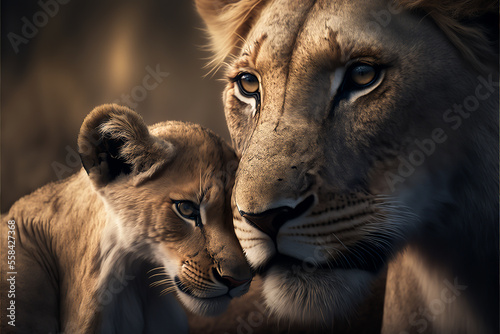 Mother lioness with her lionet, motherhood concept. Female lion with small cute lionet on black background. Love and parenthood concept. Generative AI adorable lions background.