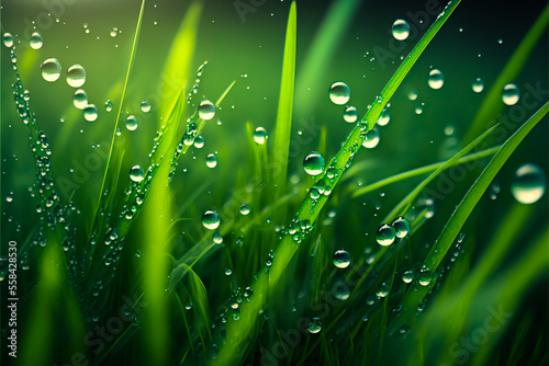 Green stalks grass with drops of morning dew. Dew drops on a grass in the morning or late night, Generative AI. Green grass with dew background with copy space for postcards or banner.