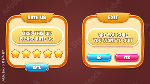 Game UI vector set - rate us and exit popups and buttons with editable text effects for building 2d games on mobile and web. This all-inclusive graphical user interface GUI set is in a soft style.
