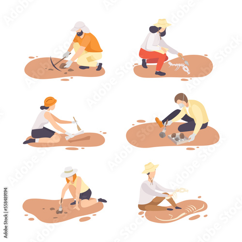 Archeologists digging finding historical artifacts set. Archeological expedition excavations cartoon vector illustration