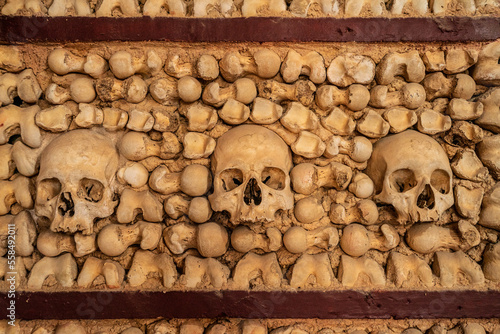 Human skull bone chapel in Portugal with skulls in the wall