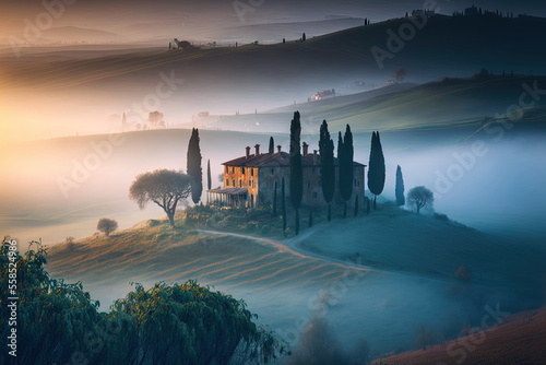 Beautiful Tuscany landscape in the fog. Generative AI
