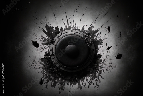 a musical idea. Black damaged wall backdrop with a black sound speaker. illustration. Generative AI