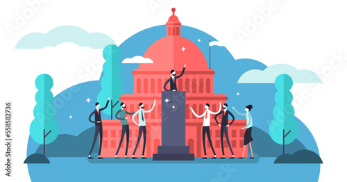 Government illustration, transparent background.Flat tiny political speech persons concept.Republic independent country symbol.Official campaign communication leader.
