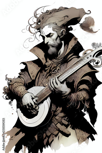 A fantasy board game card/colouring book page: Bard. Medieval musician with a lute. AI-generated