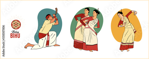Vector illustration of Happy Bihu, Assamese New Year, Indian traditional Harvest festival of Assam, man and woman performing Bihu folk dance vector.